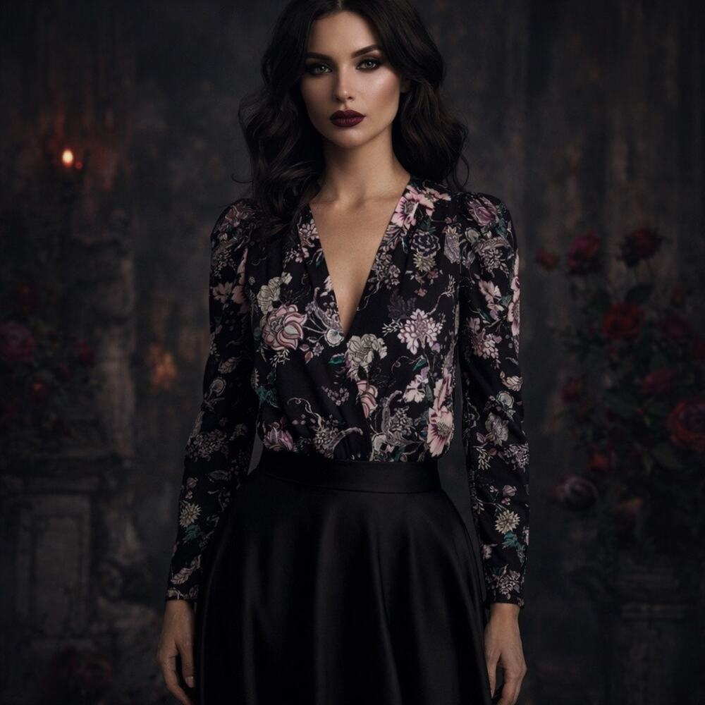 Dark Moody Floral Long Sleeve Bodysuit Whimsigoth Gothic Romance Black XS NEW